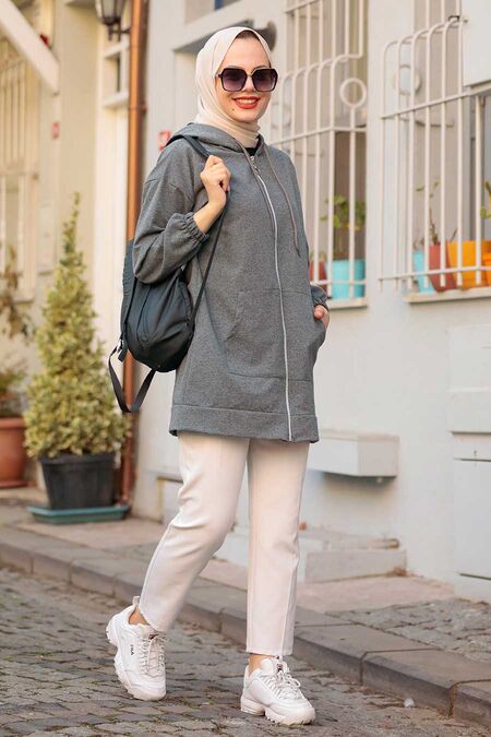 Smoke Color Hijab Coat 3674FU - NEVA STYLE