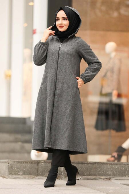 Smoke Color Hijab Coat 40081FU - NEVA STYLE