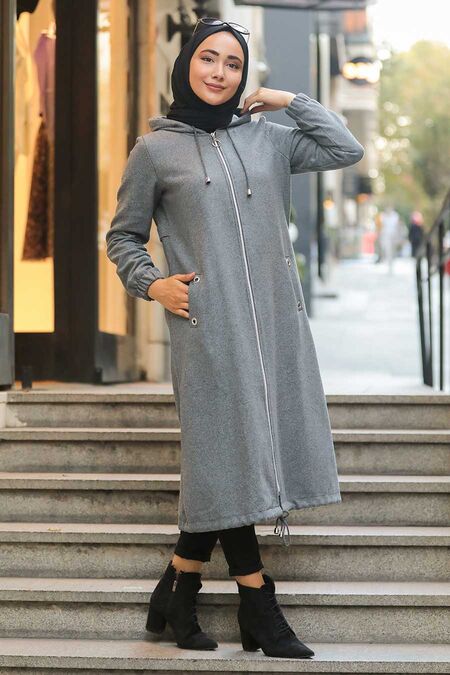 Smoke Color Hijab Coat 5568FU - NEVA STYLE