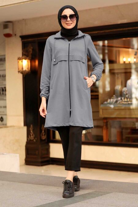 Smoke Color Hijab Coat 7148FU - NEVA STYLE