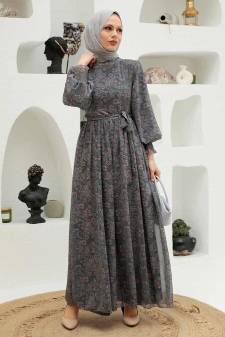 Smoke Color Hijab Dress 56831FU - NEVA STYLE