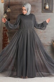 Smoke Color Hijab Evening Dress 21501FU - 1