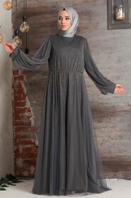 Smoke Color Hijab Evening Dress 21501FU - 2
