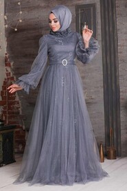 Smoke Color Hijab Evening Dress 21820FU - 1