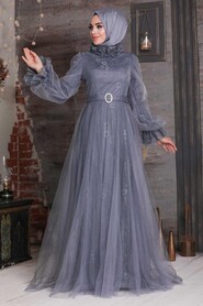 Smoke Color Hijab Evening Dress 21820FU - 2