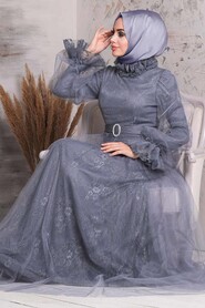 Smoke Color Hijab Evening Dress 21820FU - 3