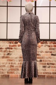  Smoke Color Turkish Hijab Long Sleeve Dress 32370FU - 3