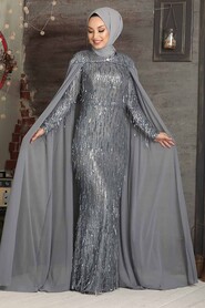 Smoke Color Hijab Evening Dress 3450FU - 1