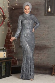 Smoke Color Hijab Evening Dress 3450FU - 2