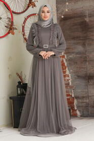 Smoke Color Hijab Evening Dress 34801FU - 1