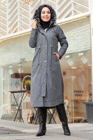 Smoke Color Hijab Parka Coat 63774FU - 2