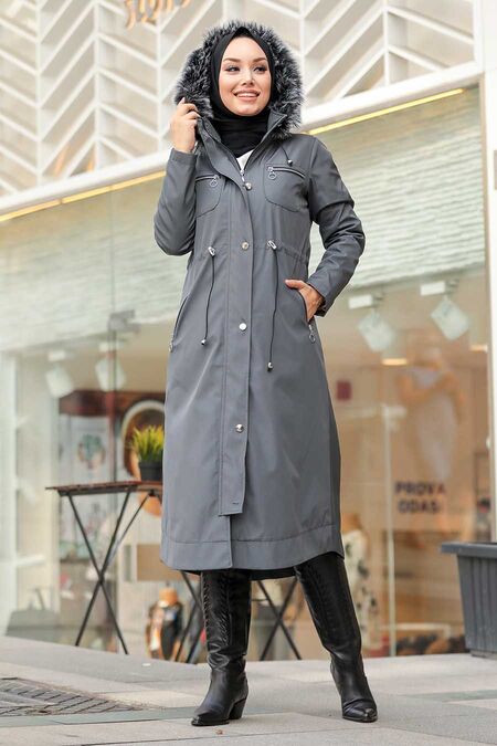 Smoke Color Hijab Parka Coat 63774FU - NEVA STYLE