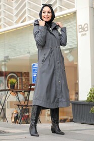 Smoke Color Hijab Parka Coat 63774FU - 1