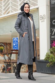 Smoke Color Hijab Parka Coat 63774FU - 3