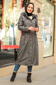 Smoke Color Hijab Parka Coat 64564FU - 1