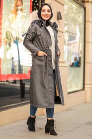 Smoke Color Hijab Parka Coat 64564FU - 2