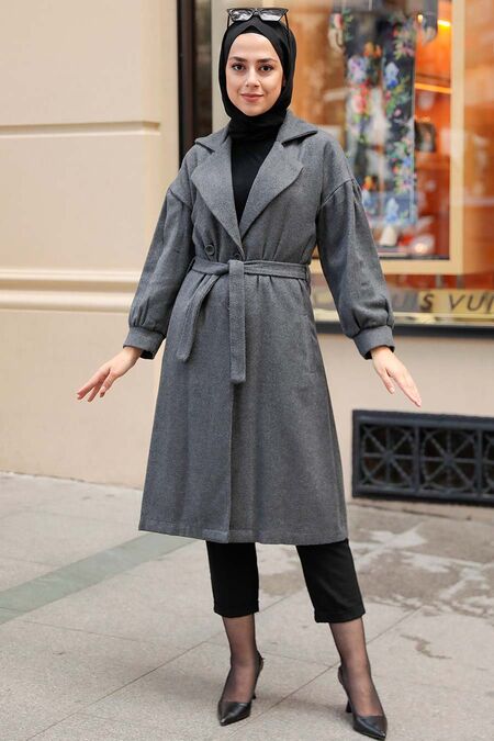 Smoke Color Hijab Stamp Coat 5802FU - NEVA STYLE