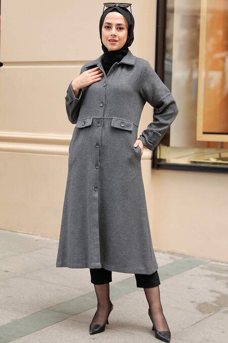 Smoke Color Hijab Stamp Coat 5808FU - NEVA STYLE