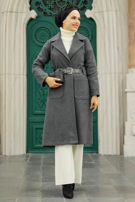 Smoke Color Hijab Stamp Coat 5809FU - NEVA STYLE