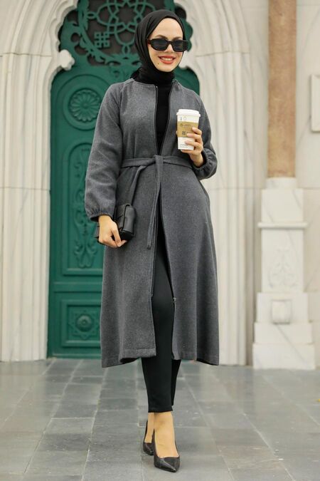 Smoke Color Hijab Stamp Coat 5822FU - NEVA STYLE