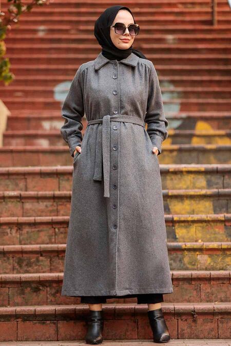 Smoked Color Hijab Stamp Coat 4554FU - NEVA STYLE