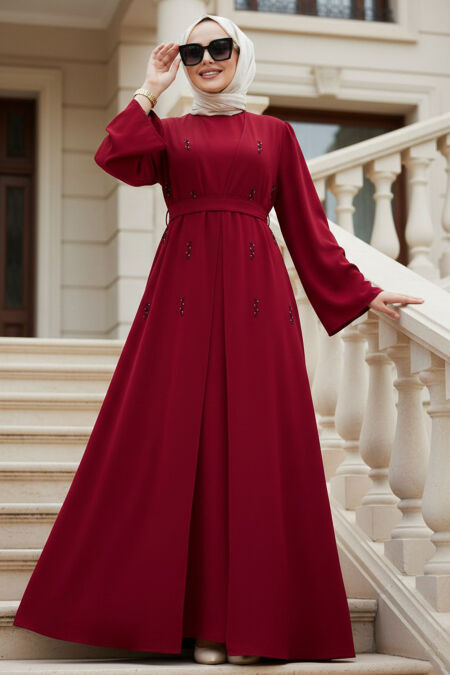 Stone Appliqué Burgundy Modest Abaya 82412BR - 