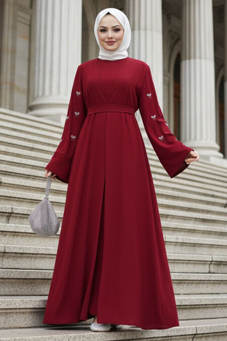 Stone Appliqué Burgundy Modest Abaya 82421BR - 