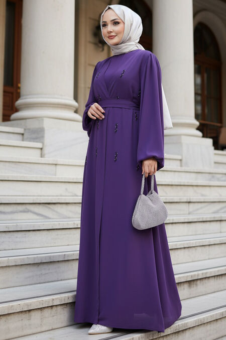 Stone Appliqué Dark Lilac Modest Abaya 82412KLILA - 