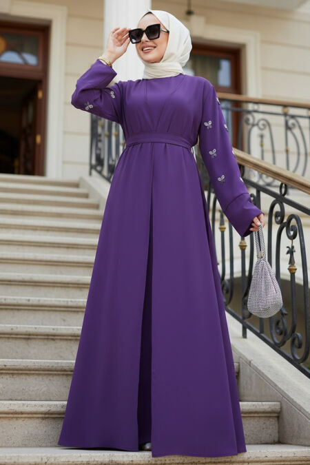 Stone Appliqué Dark Lilac Modest Abaya 82421KLILA - 