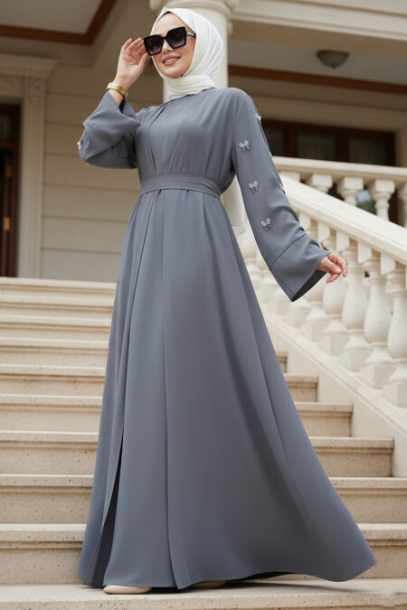 Stone Appliqué Smoky Grey Modest Abaya 82421FU - 