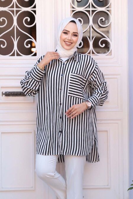 Striped Black Modest Shirt 10469S - NEVA STYLE