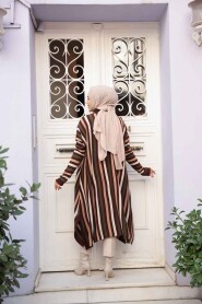 Striped Brown Modest Knit Poncho Tunic 56751KH - 4