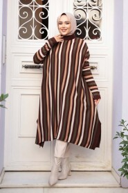 Striped Brown Modest Knit Poncho Tunic 56751KH - 1