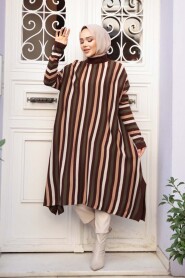 Striped Brown Modest Knit Poncho Tunic 56751KH - 2
