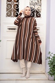 Striped Brown Modest Knit Poncho Tunic 56751KH - 3
