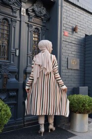Striped Cream Modest Knit Poncho Tunic 56751KR - 4
