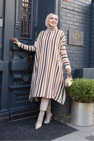 Striped Cream Modest Knit Poncho Tunic 56751KR - 2