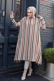 Striped Cream Modest Knit Poncho Tunic 56751KR - 3