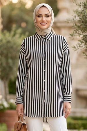 Striped Modal Black Modest Shirt 52342S - 