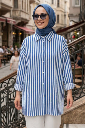 Striped Modal Blue Modest Shirt 52342M - 