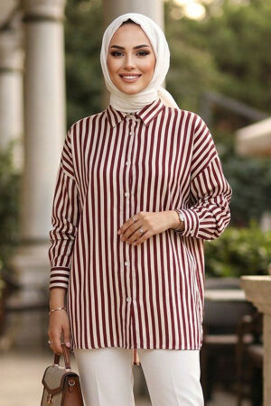 Striped Modal Burgundy Modest Shirt 52342BR - 
