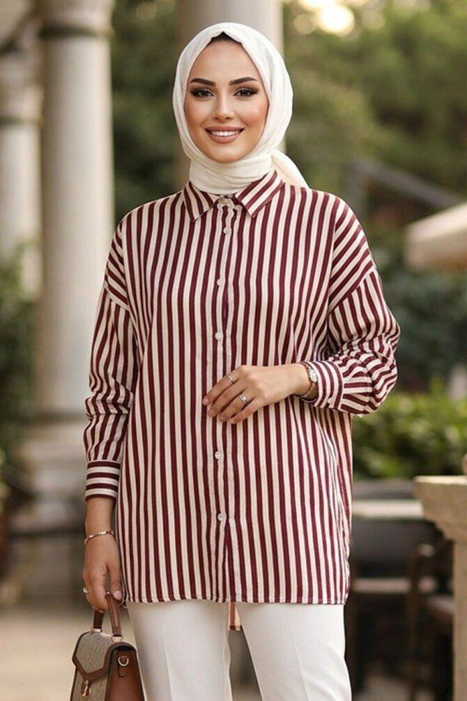 Striped Modal Burgundy Modest Shirt 52342BR - 