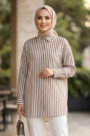 Striped Modal Taupe Modest Shirt 52342V - 