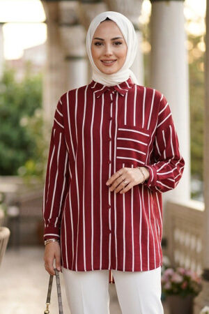 Striped Pocketed Dark Burgundy Modest Shirt 52112KBR - 