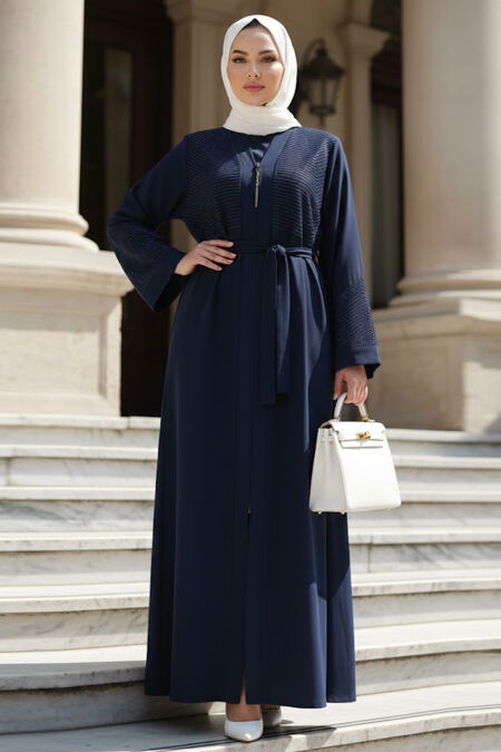 Striped Stone Detail Zippered Navy Blue Modest Abaya 29133L - 