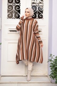 Striped Tan Modest Knit Poncho Tunic 56751TB - 1
