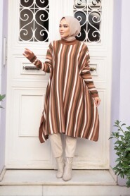 Striped Tan Modest Knit Poncho Tunic 56751TB - 2