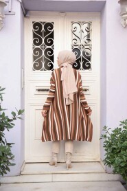 Striped Tan Modest Knit Poncho Tunic 56751TB - 3