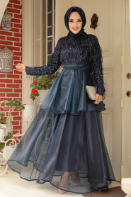 Stylish Navy Blue Hijab Wedding Dress 6742L - 1