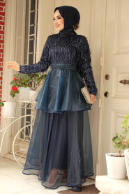 Stylish Navy Blue Hijab Wedding Dress 6742L - 2